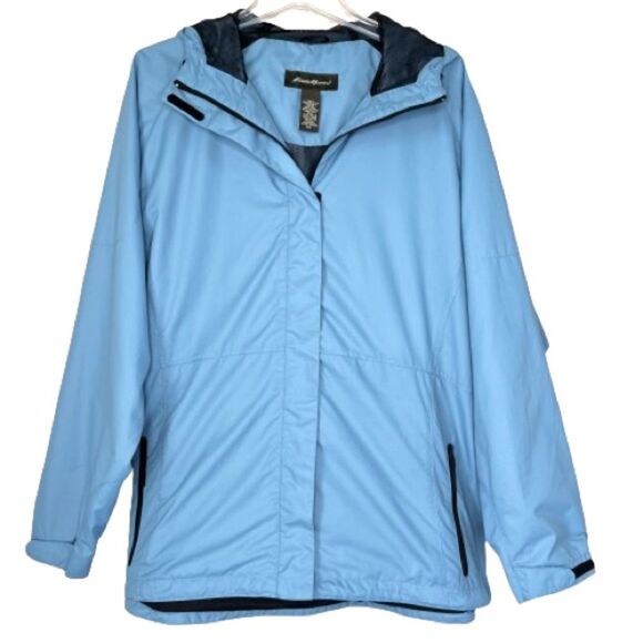 Eddie Bauer Powder Blue Hooded Full Zip Rain Wind Jacket Coat - Picture 1 of 16